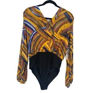 Story On Bodysuit Large Multicolor Abstract Long Sleeve Stretch Chic